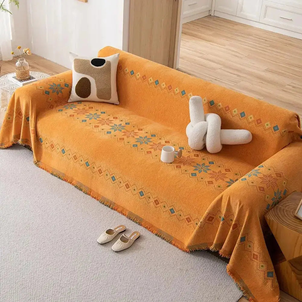 Capa de Sofá Decorativa Boho 100% Poliéster com Estampa Étnica e Franjas Casamarella