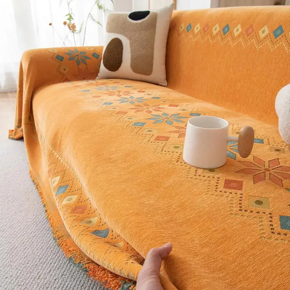 Capa de Sofá Decorativa Boho 100% Poliéster com Estampa Étnica e Franjas Casamarella