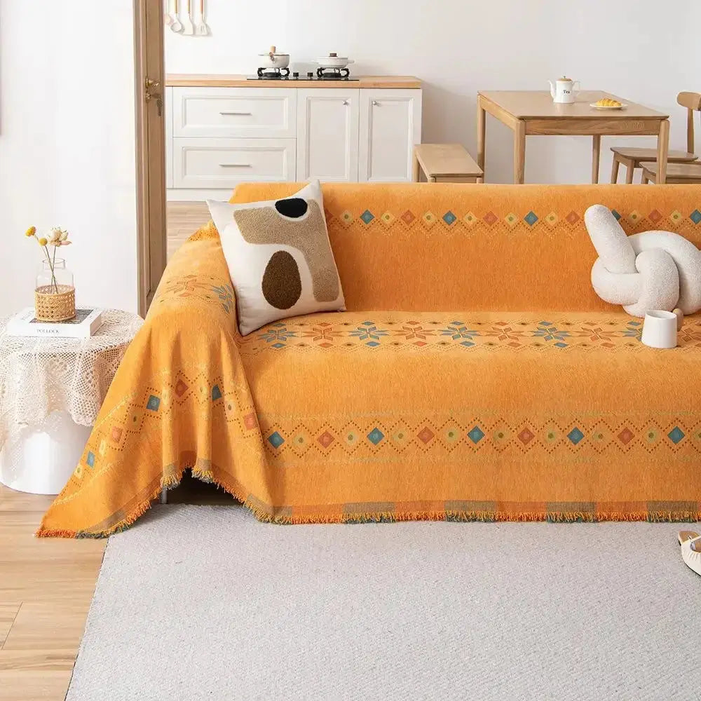Capa de Sofá Decorativa Boho 100% Poliéster com Estampa Étnica e Franjas Casamarella