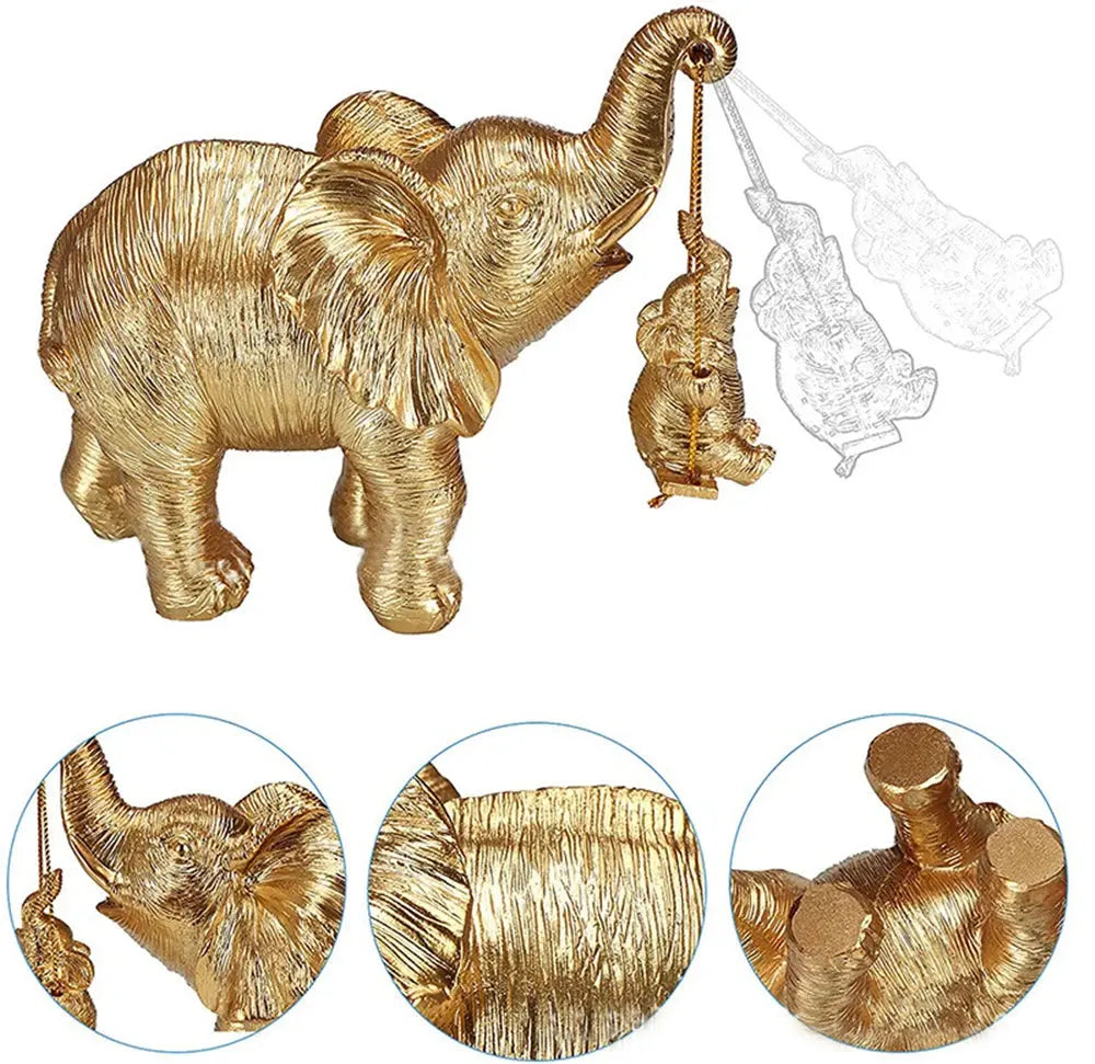 Estatueta Decorativa de Elefante Dourado Mãe e Filhote no Balanço Casamarella