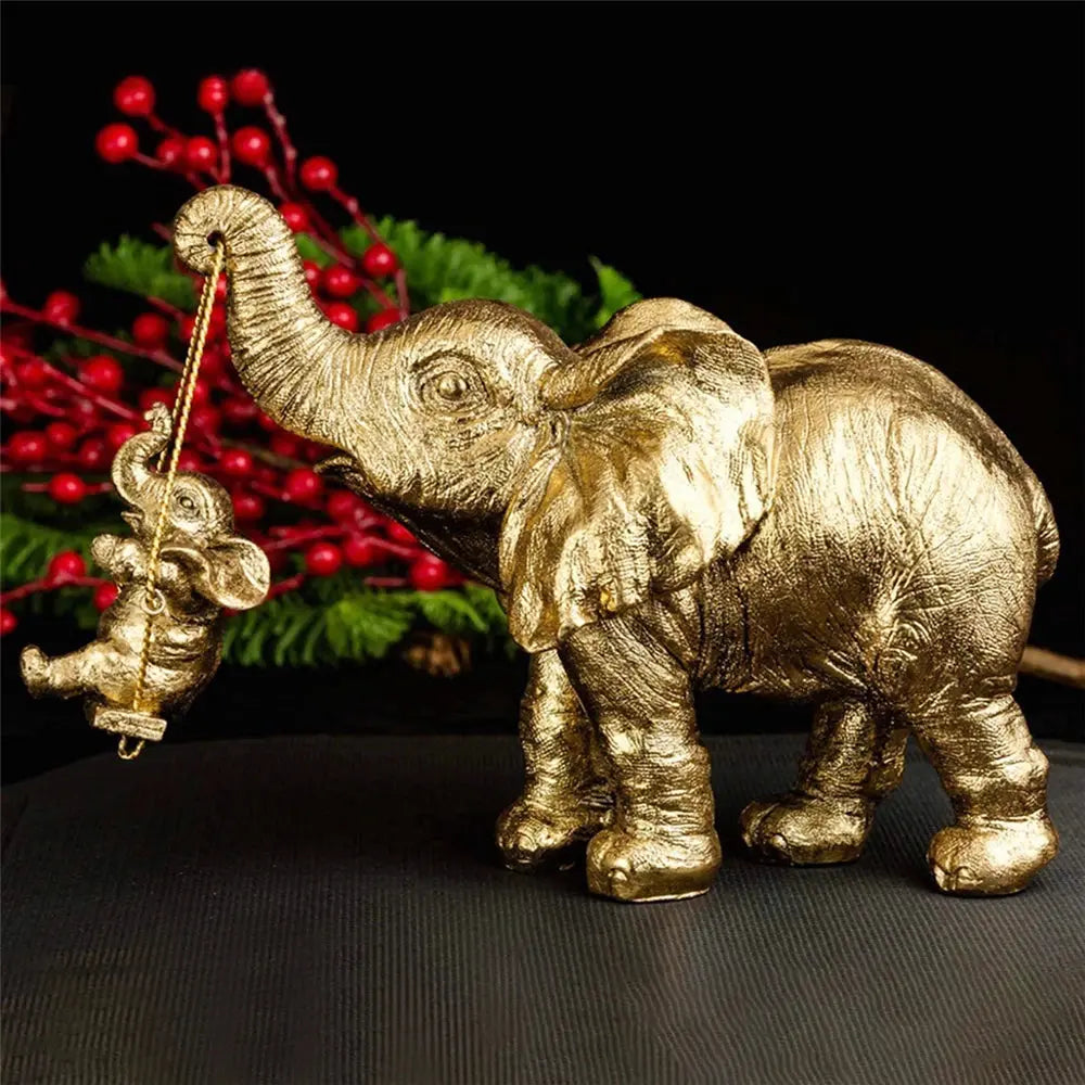 Estatueta Decorativa de Elefante Dourado Mãe e Filhote no Balanço Casamarella