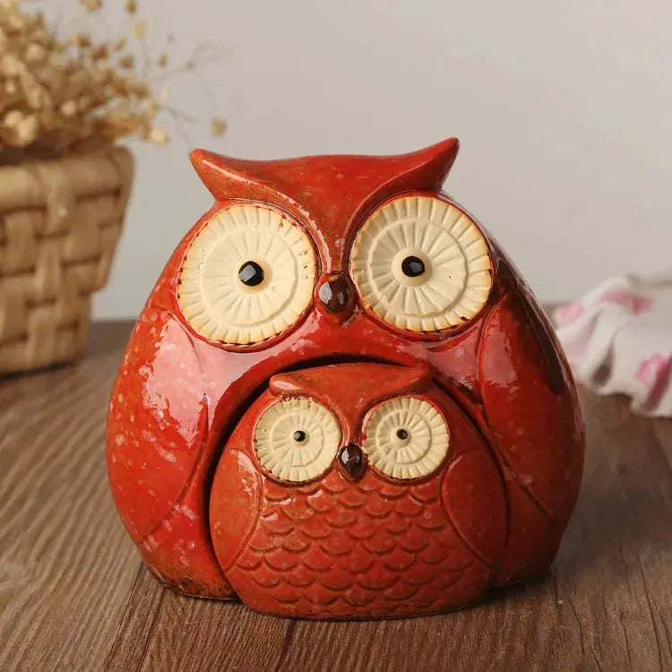 Estatueta Decorativa em Cerâmica Coruja Pais e Filhos Casamarella