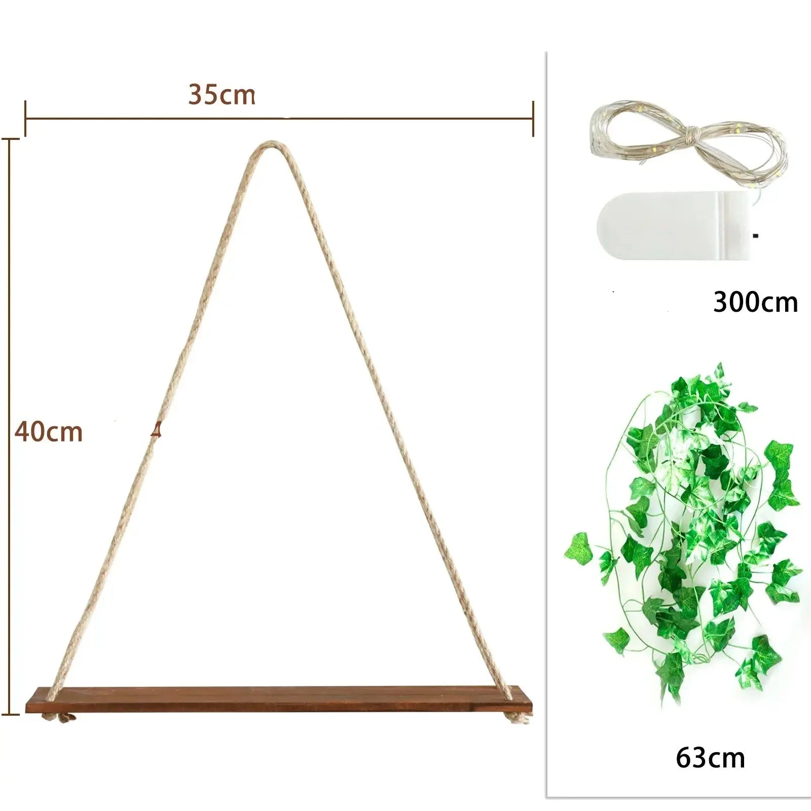 Prateleira de Corda Triangular com Luzes Decorativas e Folhagens Casamarella