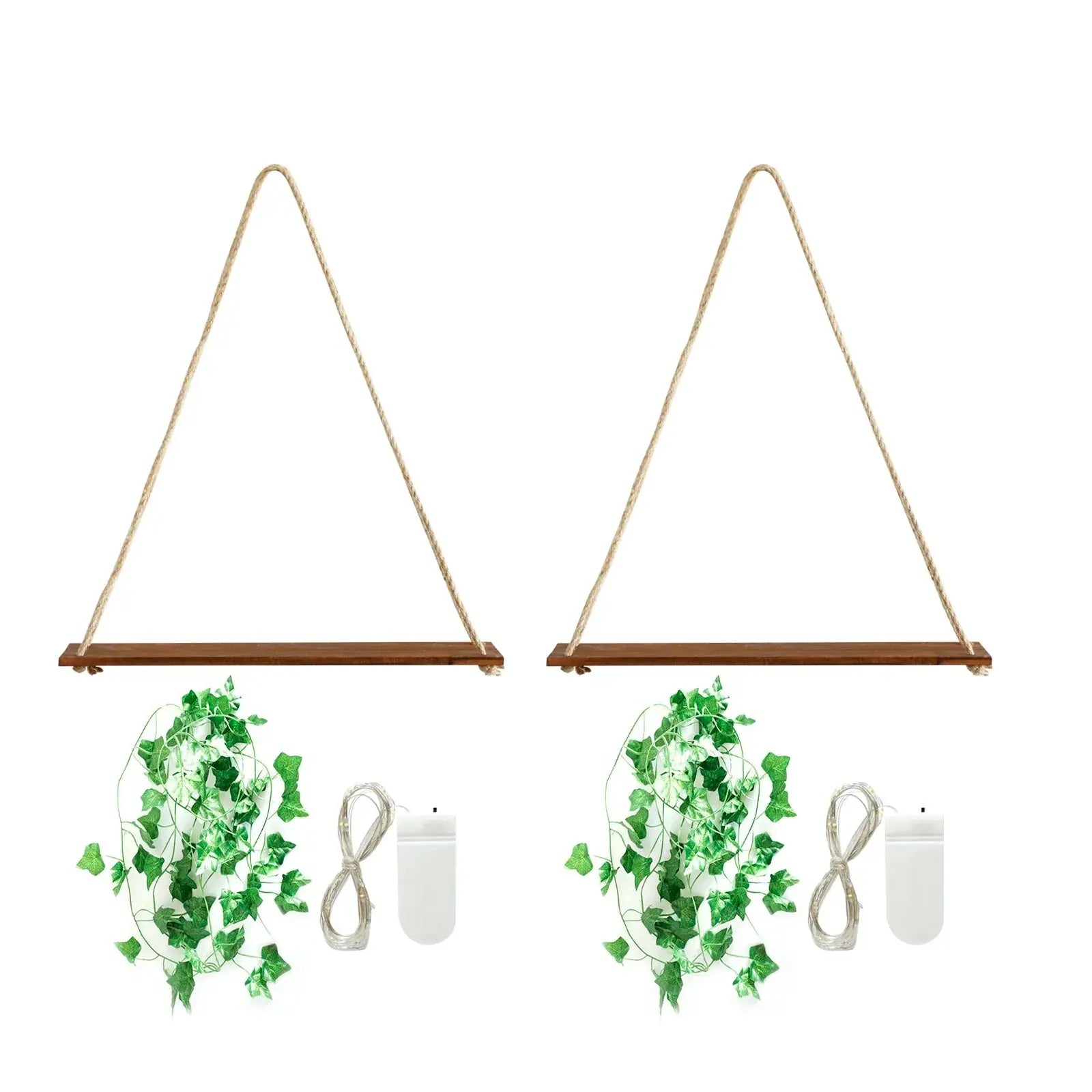 Prateleira de Corda Triangular com Luzes Decorativas e Folhagens Casamarella