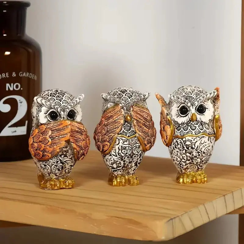 Estatueta Decorativa Trio Encantador de Corujas Sem Maldade 3 peças Casamarella