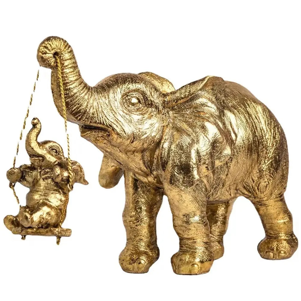 Estatueta Decorativa de Elefante Dourado Mãe e Filhote no Balanço Casamarella