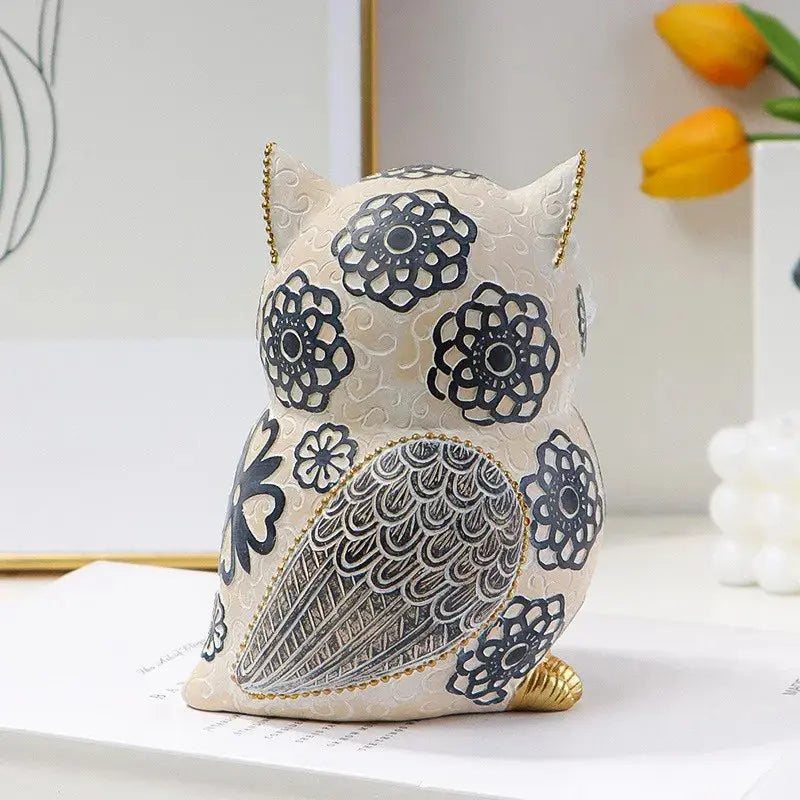 Estatueta de Coruja para Decoração de Mesa Branca e Preta Casamarella