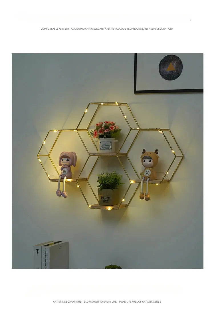 Prateleira Suspensa Hexagonal em Metal e Madeira Casamarella